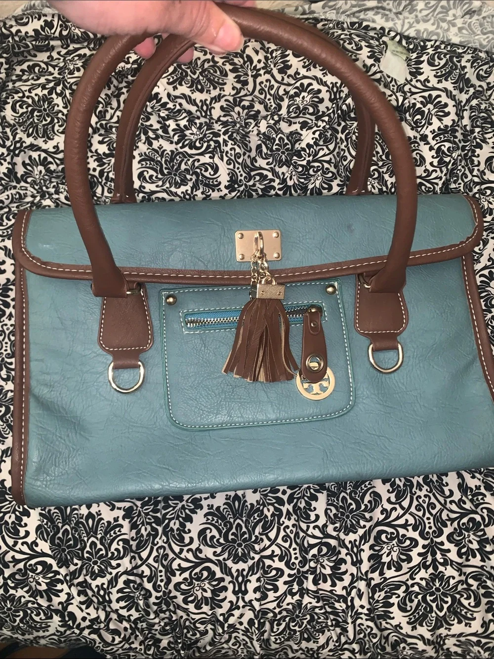 Tory Burch Teal and Brown Tassel Satchel
